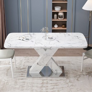 Modern Square Dining Table with Metal X-Shape Legs, Black Marble Print Top, 220lbs Load Capacity - 1 of 4