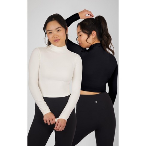 Yogalicious Womens 2 Pack Zenly Evelyn Long Sleeve Mock Neck Crop Top -  Gardenia/black - X Small : Target