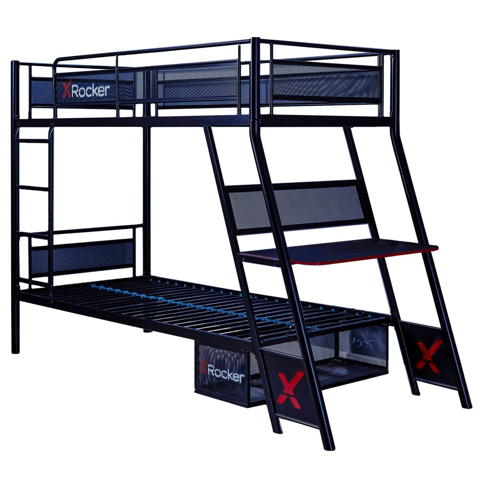 Photos - Bed Frame X Rocker Twin Over Twin Armada Gaming Bunk Bed with Built-In Gaming Desk Black - X 