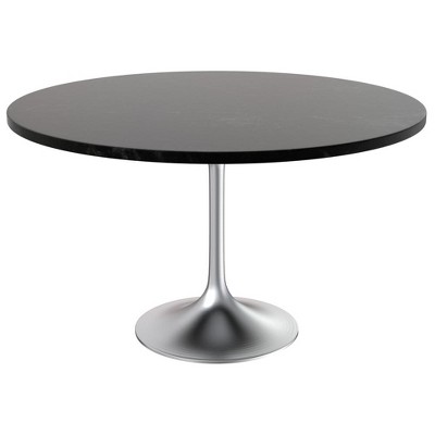 LeisureMod Verve Mid-Century Modern 48" Round Table with MDF Top and Brushed Chrome Pedestal Base for Dining Room and Kitchen