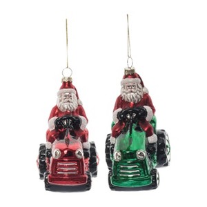 Transpac Glass Santa On Tractor Ornament Set of 2 Christmas Home Decorations - 1 of 1
