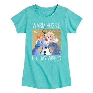 Girls' - Frozen 2 - Elsa Anna and Olaf Warm Hugs Holiday Wishes Fitted Short Sleeve Graphic T-Shirt - 1 of 4