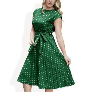 Anna-Kaci Women's Polka Dot Midi Dress with Cap Sleeves Pleated Skirt and Waist Tie Belt - 1 of 4