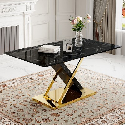 63" Imitation Marble Kitchen Dining Table,Dining Table With X Shaped Legs And Stainless Steel Base,Rectangular Office Desk-Cuddlewood