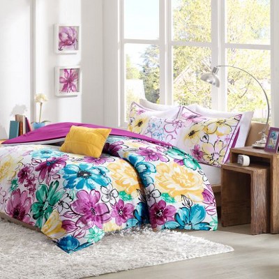 Sapphtopaz Vibrant Floral Comforter Set with Decorative Pillows, Asymmetrical Floral Print Microfiber Bedding Set (Includes Comforter & Shams)