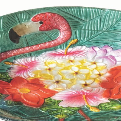 Tropical Flamingo Fusion Glass Birdbath with Metal Stand
