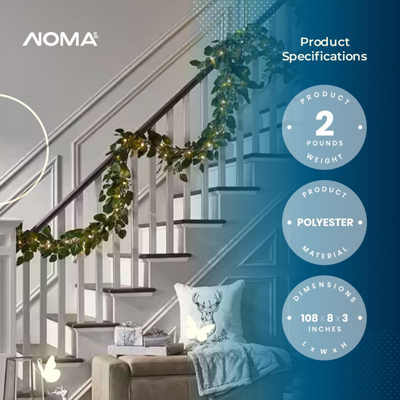 Noma Pre-Lit 9 Foot Artificial Eucalyptus Christmas Garland Holiday Decor with Battery Operated Warm White LED Lights for Banisters & Doorways, Green, 3 of 7