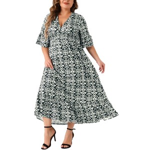 Agnes Orinda Women's Plus Size Boho Floral Bell Sleeve Ruffled Hem Deep V Neck A Line Maxi Dresses - 1 of 4