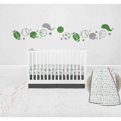 Bacati - Boys Soccer Muslin Green Gray 3 pc Crib Bedding Set