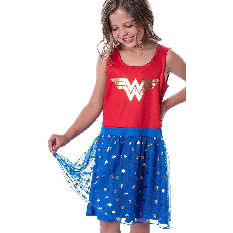 DC Comics Girl's Wonder Woman Logo and Stars Tank Nightgown Costume Pajama Red/Blue, 3 of 5