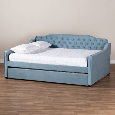 Light Blue Velvet Upholstered Tufted Full Daybed with Trundle