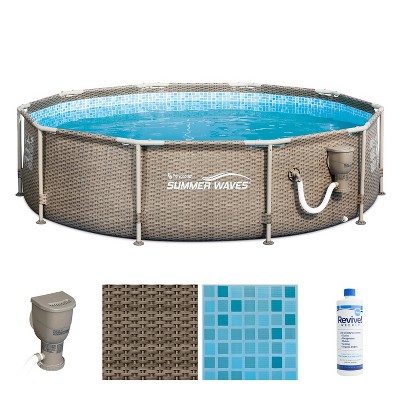 Summer Waves P20010305 10ft x 30in Frame Above Ground Swimming Pool with Wicker Print in Tan with SFS350 Skimmer Filter Pump & Treatment Cleaner
