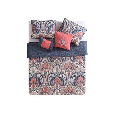 Coral and Blue Reversible Microfiber King Quilt Set