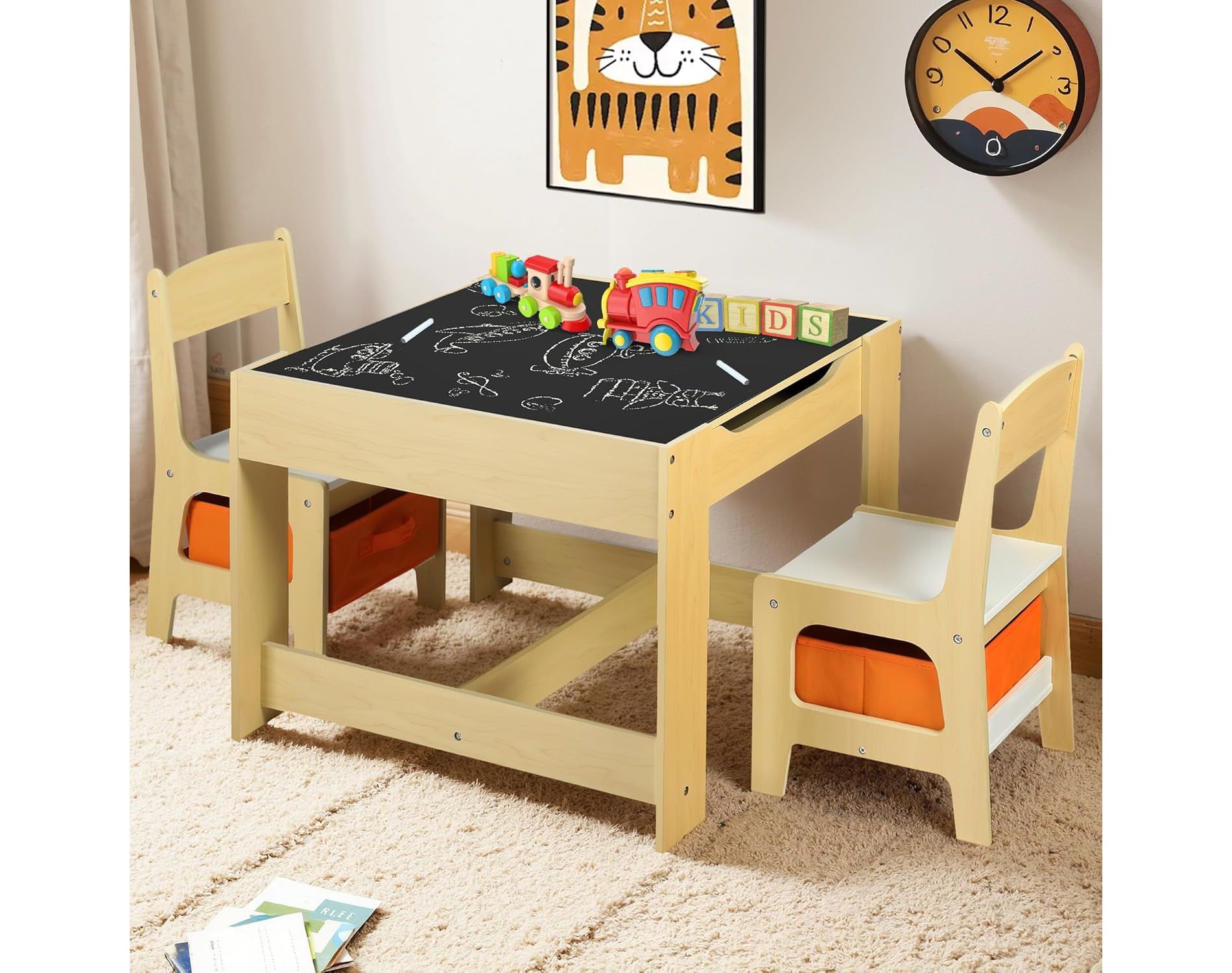 Kinder King 3-in-1 Kids Table & 2 Chairs Set with Storage, Removable Top & Blackboard, for Art, Crafts, Reading, Play, Natural