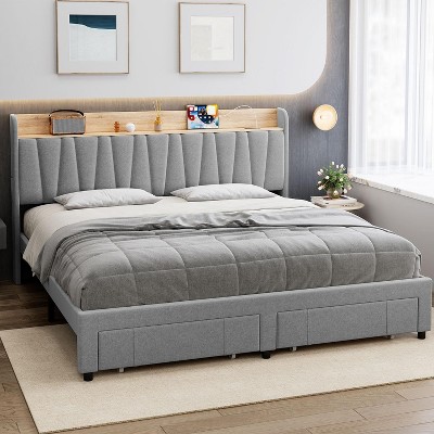 Upholstered Full Bed Frame with Storage Headboard and Charging Station, Platform Bed Frame with Drawers, Heavy Duty, No Box Spring Needed, Beige