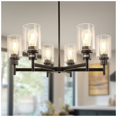 YANSUN 6-Light Black Chandelier with Adjustable Height featuring Industrial Clear Glass Pendants perfect for Dining Room