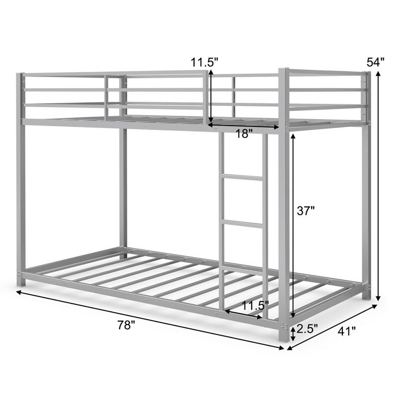 Costway Twin Bunk Bed Twin Over Frame Platform W/ Guard Rails & Side Ladder Silver, 4 of 9