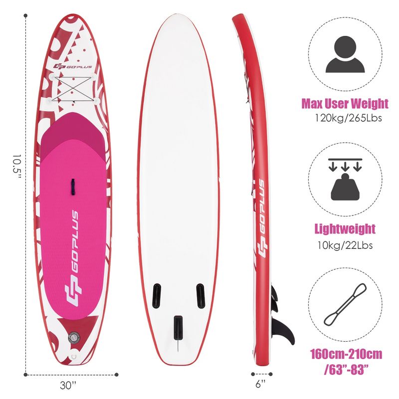 Costway 10.5’ Inflatable Stand Up Paddle Board SUP W/Carrying Bag Aluminum Paddle Pink, 3 of 11