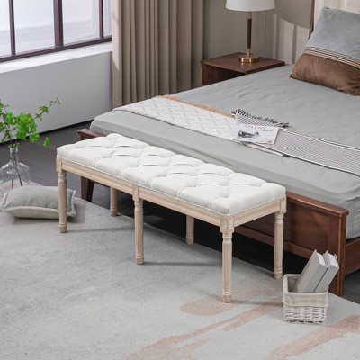 Cream Linen Upholstered Tufted Bedroom Bench with Wood Legs