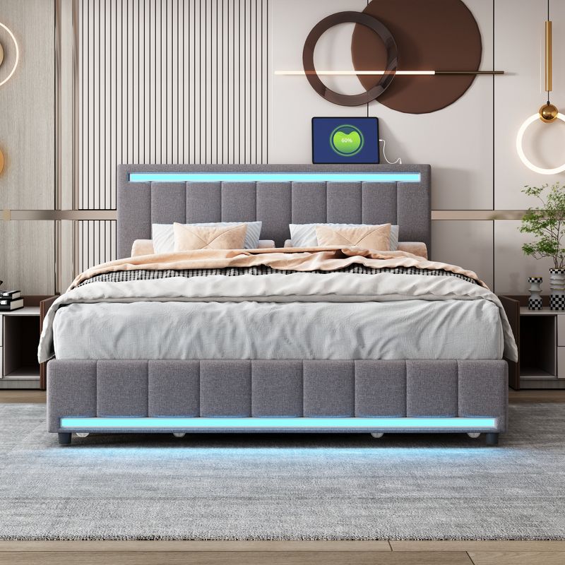 Queen/Full Size Linen Upholstered Bed with LED Light and 4 Drawers, Modern Platform Bed with a set of Sockets and USB Ports - ModernLuxe, 2 of 12
