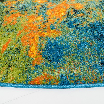 Galaxy Round Blue and Yellow Abstract Synthetic Rug