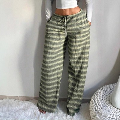Clotth Women's Striped Pants - Casual Low Waist Drawstring Wide Leg Pants, Simple Striped Pants Set, Comfy Lounge Pants, Green with Stripes