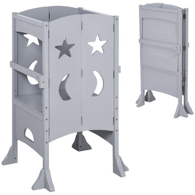 INFURNIC Ladders Kids Wooden Step Stool Toddler Tower with Safety Rail and Foldable Design for Kitchen Use, Grey, 22"*22"*36.5"
