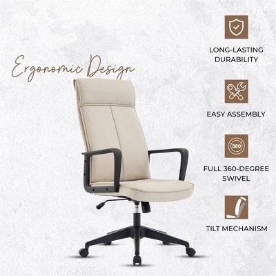 Tan High-Back Leather Office Chair with Fixed Arms