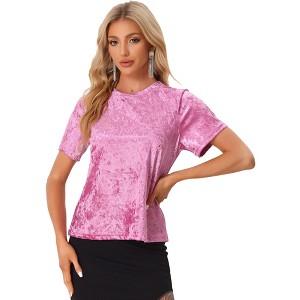 INSPIRE CHIC Women's Regular Fit Velvet Solid Round Neck Short Sleeve T-Shirt - 1 of 4