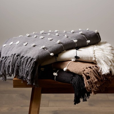 Stone Woven Cotton 50"x60" Throw with Chic Fringe Detail