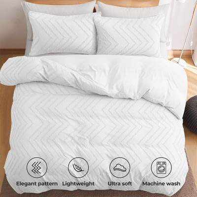 Wave White Tufted Jacquard Geometric Duvet Cover Set Full/Queen