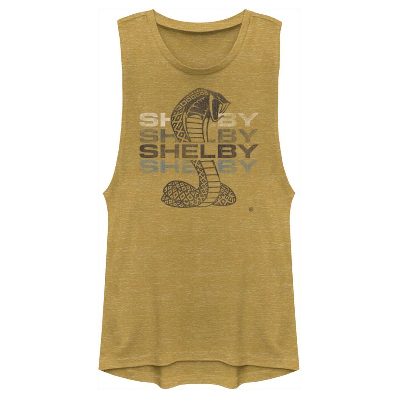 Juniors Womens Shelby Cobra Distressed Repeating Logo Festival Muscle Tee, 1 of 5