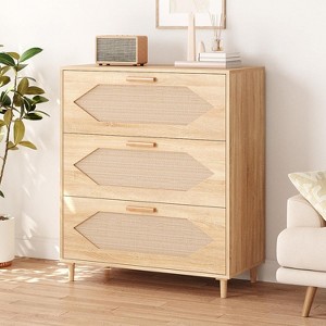 3 Drawer Rattan Dresser, Modern Wood Chest of Drawers, Storage Cabinet for Bedroom, Living Room, Hallway, Entryway, Easy Assembly, Natural - 1 of 4