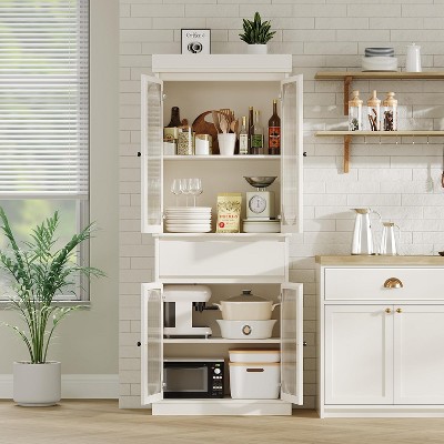 70" Kitchen Pantry Cabinet with Glass Doors, Adjustable Shelves & Drawer, Modern Glass Doors Storage Cabinet, for Living Room, Dining Room, White