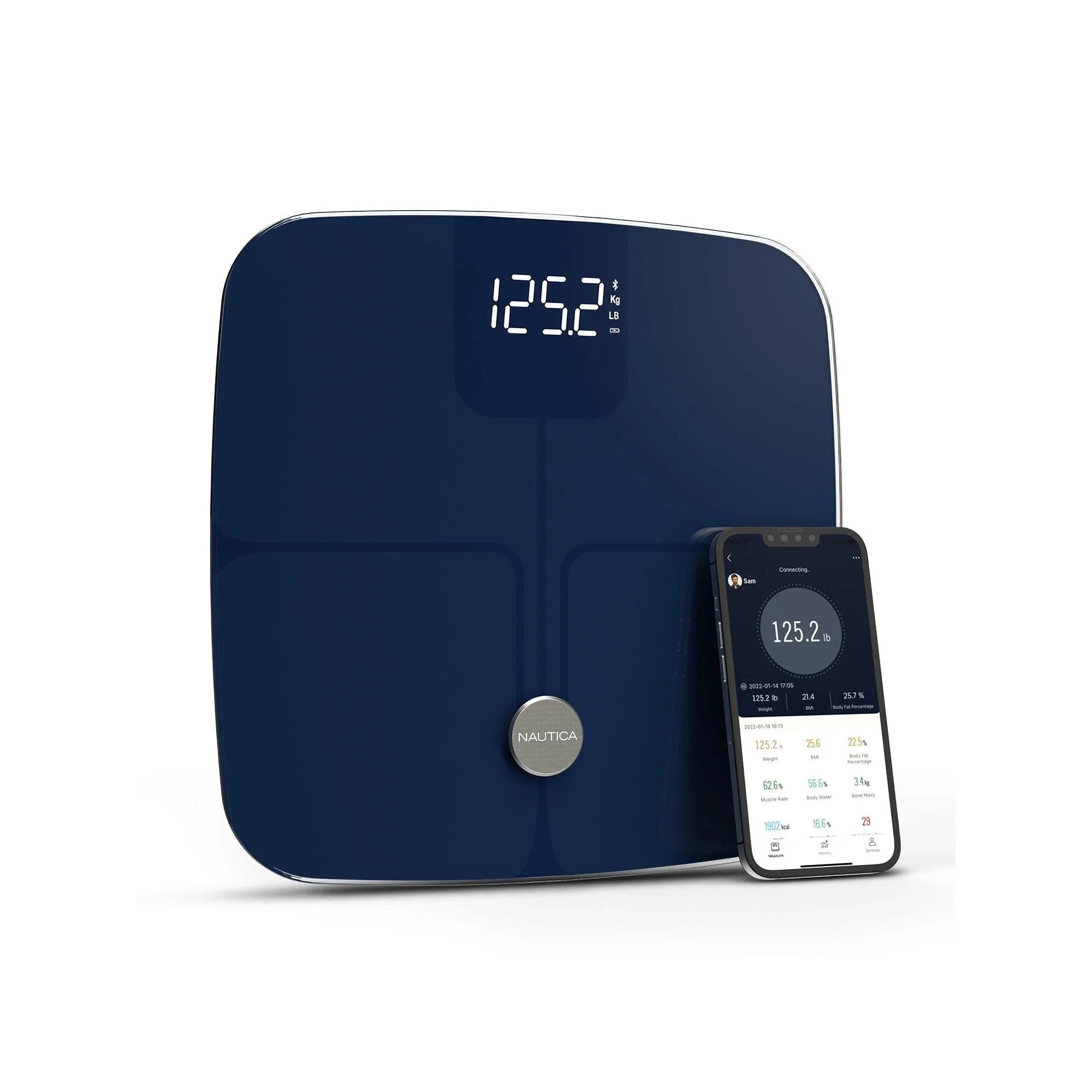 Nautica Body Tracker Digital Bathroom Scale, Bluetooth-Enabled Smart Scale with BMI, Body Fat, Muscle Mass Tracking, Syncs with Smartphone App, 440Lbs