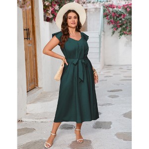 Plus Size Ruffle Sleeve Pleated Babydoll Short Sleeve Summer Dress with Belt - 1 of 3
