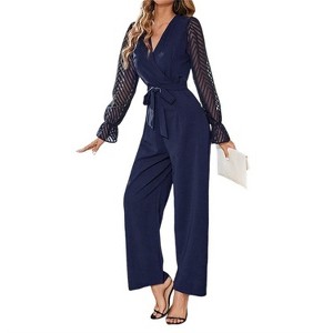Women's Fashion V Neck Lace Sleeve Jumpsuit Belted Wide Leg Casual Formal Romper - 1 of 4