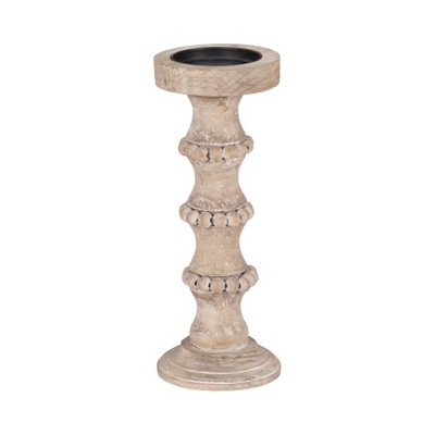 Wood Pillar Candle Holder with Decorative Beads, Antique Finish Candlestick for Home or Wedding Decor, Ivory/Beige