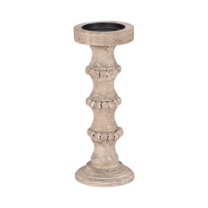 Wood Pillar Candle Holder with Decorative Beads, Antique Finish Candlestick for Home or Wedding Decor, Ivory/Beige - 1 of 4