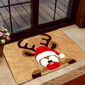 Lomsoe Festive Reindeer with Santa Hat Doormat Flannel Carpet, Office & Outdoor Entryways, Indoor Welcome Mat Christmas Doormat. - 1 of 4