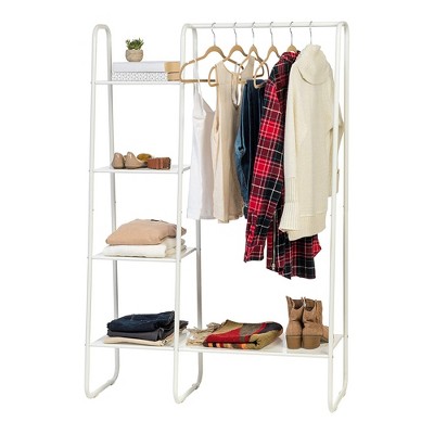 IRIS Freestanding A Frame 5 Foot Tall Metal Garment Rack with Closet Rod and 4 Mesh Shelves for Clothing Organization, Display, and Storage, White
