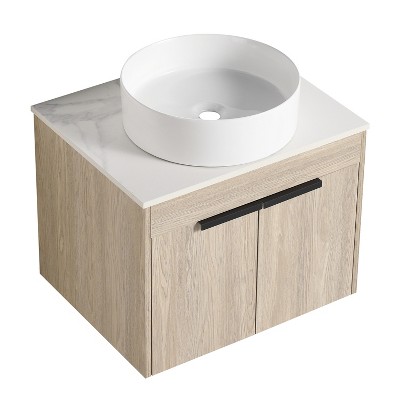 Vynxaria 24 in. Single Floating White Oak Plywood Bath Vanity with White Slate Ceramic Top KD-PACKING Ready to Assemble