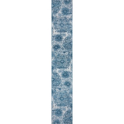 Blue Floral Synthetic Easy Care Runner Rug