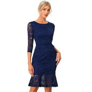 Allegra K Women's Elegant Fishtail 3/4 Sleeve Round Neck Cocktail Lace Dress - 1 of 4