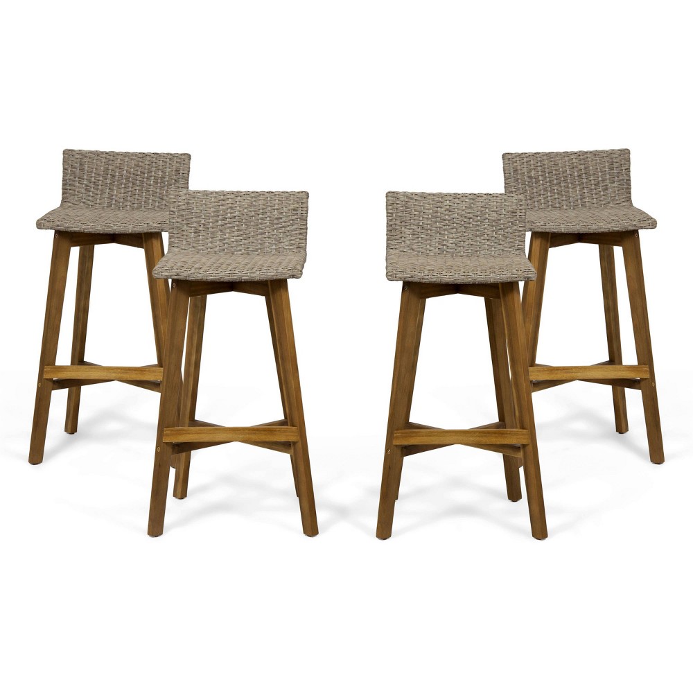 4pk La Brea Acacia Wood & Wicker Patio Barstools Brown - Christopher Knight Home: Weather-Resistant, Traditional Style