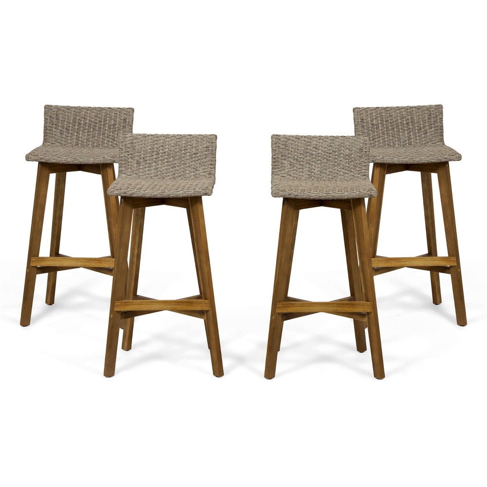 Photos - Chair 4pk La Brea Acacia Wood & Wicker Patio Barstools Brown - Christopher Knight Home: Weather-Resistant, Traditional Style