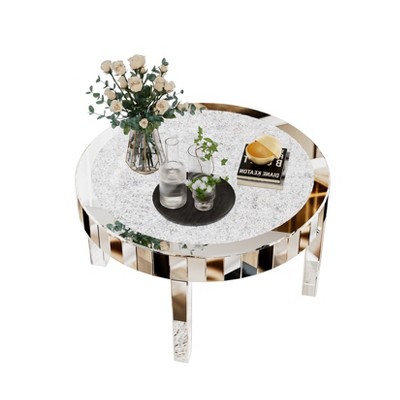 Artloge 31.5x18.3 in Round Silver Mirrored Coffee Table with Crystal Diamonds Inlay Accent Side Table
