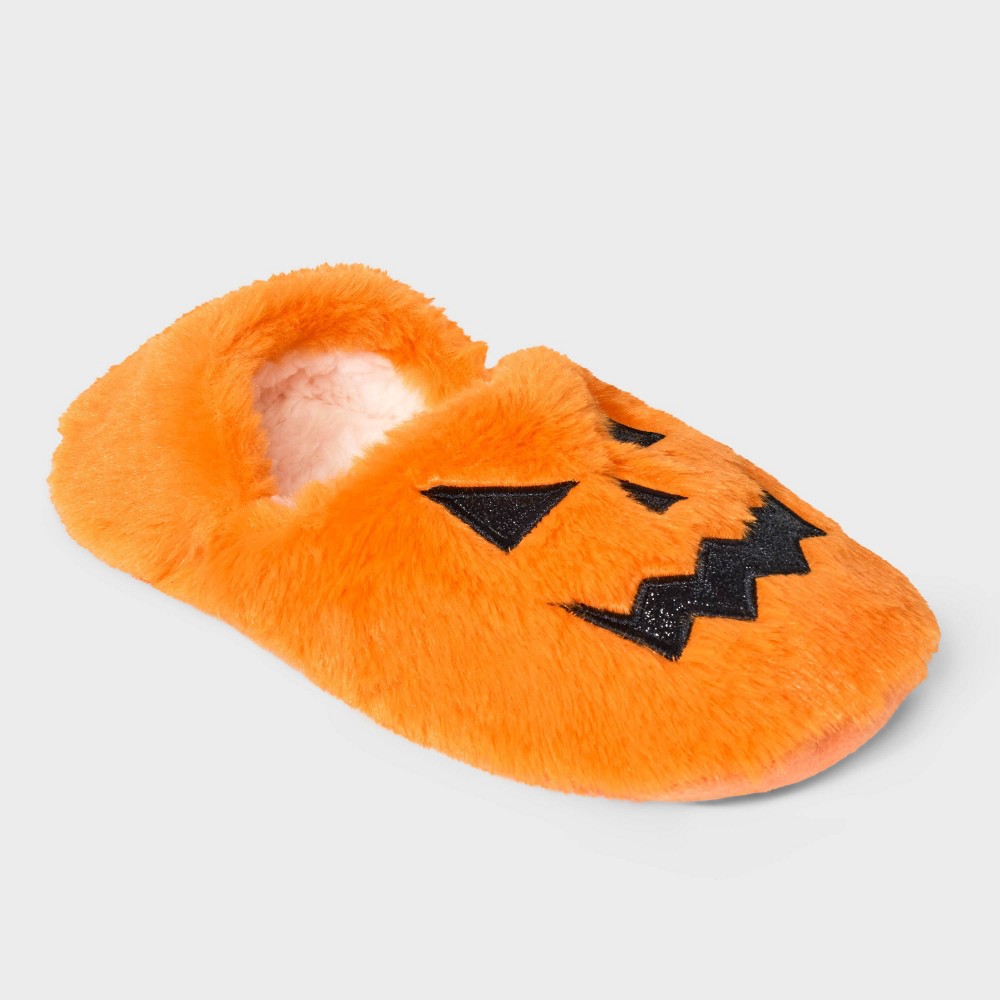 Womens Pumpkin Glitter Embroidered Halloween Faux Fur Pull-On Slipper Socks with Grippers