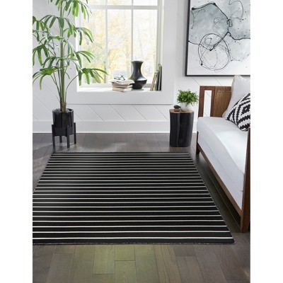 Handmade Black Stripe Synthetic 8' x 10' Flat Woven Reversible Rug