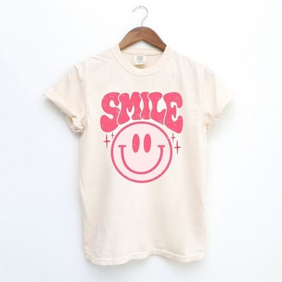 Simply Sage Market Women's Pink Distressed Smiley Face Short Sleeve Garment Dyed Tee